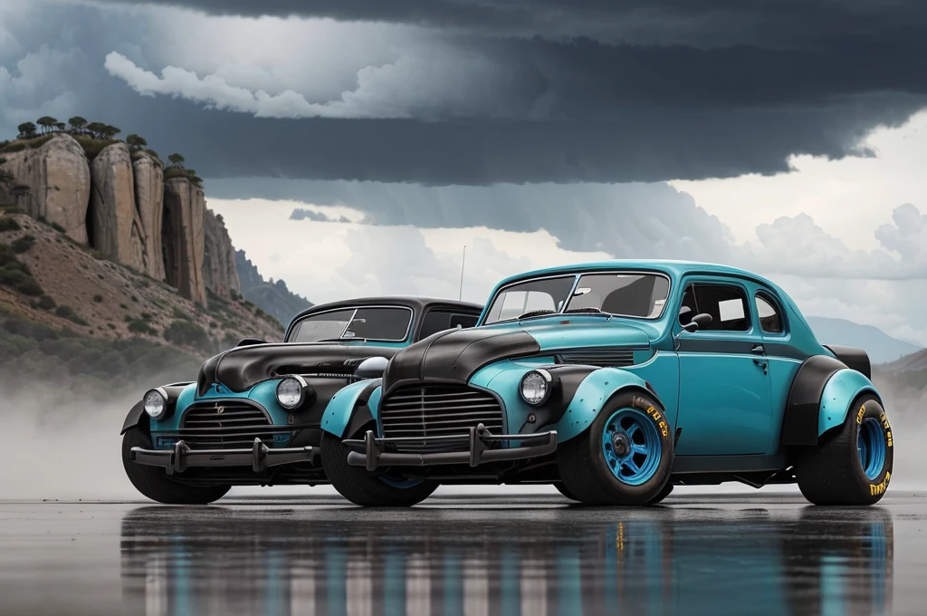 una vista frontal de 3/4 de (hotrod zeekars)) (with bright tyres), neon glow, coche musculoso, Lighting storm in the background, negro y ((azul oscuro)), en la ciudad, ((rudo))