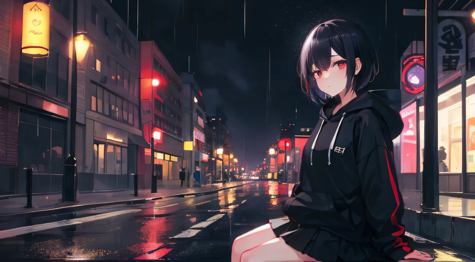 sad girl, short black hair, black hoodie, skirt, sitting, street, cry, rain, lonely, night, metropolis, sky purple and red, high res, ultrasharp, 8k, masterpiece