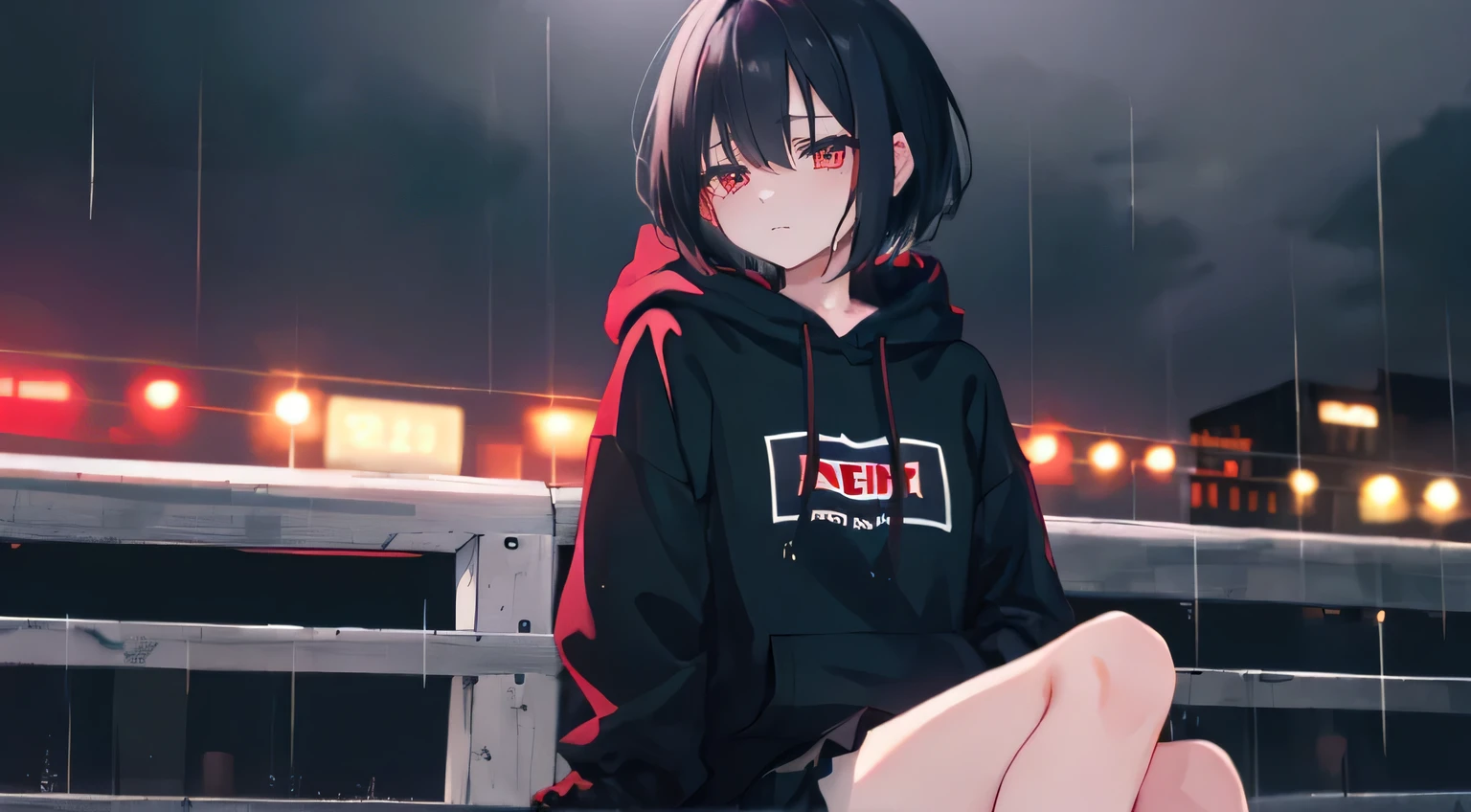 sad girl, short black hair, black hoodie, skirt, sitting, street, cry, rain, lonely, night, metropolis, sky purple and red, high res, ultrasharp, 8k, masterpiece