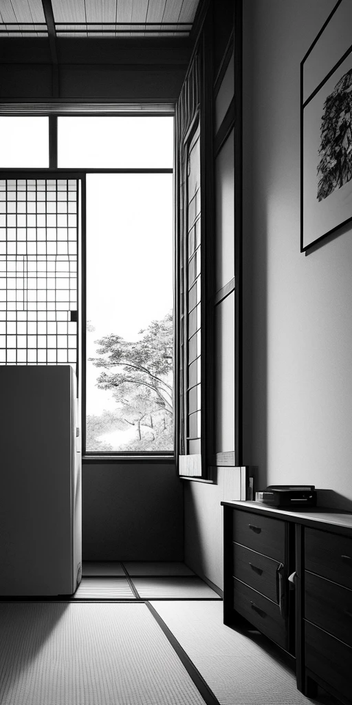 Japanese female room from inside, Yoji Shinkawa style, black and white, print, super detailed