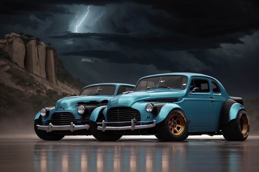 una vista frontal de 3/4 de (hotrod zeekars)) (with bright tyres), neon glow, coche musculoso, Lighting storm in the background, y ((azul oscuro)), en la ciudad, ((rudo))