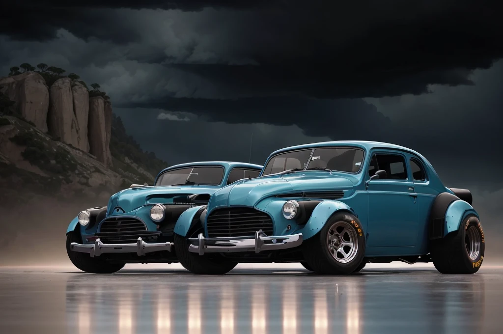 una vista frontal de 3/4 de (hotrod zeekars)) (with bright tyres), neon glow, coche musculoso, Lighting storm in the background, negro y ((azul oscuro)), en la ciudad, ((rudo))