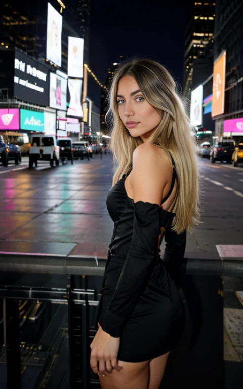 (Helen Lovista) photo d'une belle belle femme, 24 ans, perfect fit body, sur deux, long messy windy blonde hair, New York, ville, Times Square, Statue of Liberty, Broadway, building,hiver,Christmas night , Gants, doudoune, high contrast, contre-jour, fleurir, Lueurs lumineuses, aberration chromatique, mise au point nette, photo couleur RAW