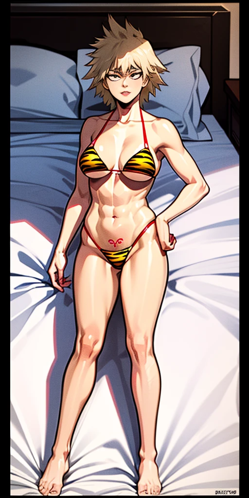 body standing symmetrical beautiful woman, hyper realistic, 1girl, yellow tiger bikini, barefoot, inside bedframe, perfect body, pose, naughty girl, (tatto:1),red slave tatto in stomach, ((1girl:1)), full body, dark skin, human, ((full_body))