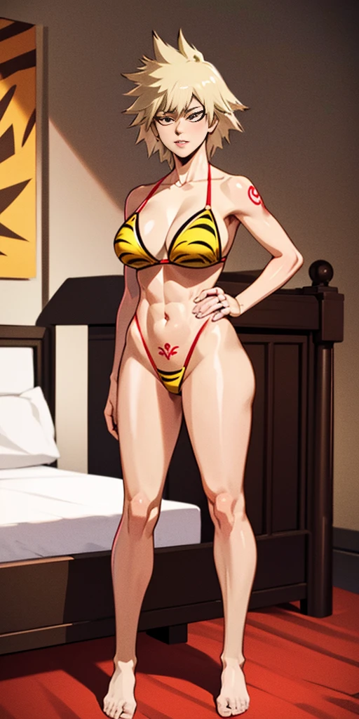 body standing symmetrical beautiful woman, hyper realistic, 1girl, yellow tiger bikini, barefoot, inside bedframe, perfect body, pose, naughty girl, (tatto:1),red slave tatto in stomach, ((1girl:1)), full body, dark skin, human, ((full_body))