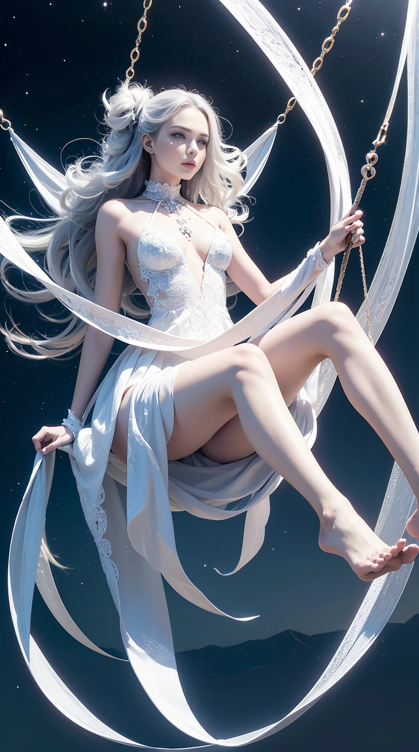 Ultra detailed digital art masterpiece, full body photo, beautiful white spider girl swinging in night city, no mask, Tom Bagshaw, Anne Bachelier, mixed with dark elements, dark environment, white spider suit without mask, no make up, natural face, ultra detailed atmospheric details, beautiful glowing effects, sparkle effects, realistic body proportions, complex masterpiece, beautiful wild hair style, complex physics, enhanced colors, complimentary colors, ultra detailed