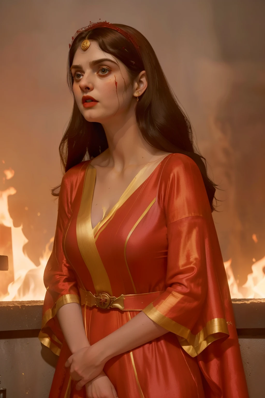 1142, Kingsbridge, England. otherworldly caos scene, ((((22-year-old)) Alexandra Daddario)), surrounded by big fires, ((terrified expression)), ((((burnt face and hair)))), ((((scarlet tunic gown from the 12th century)))), ((Wes Anderson cinematic style)), colorful
