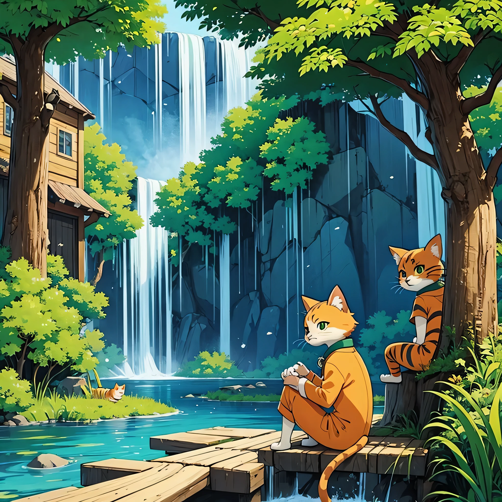 Des enfants jouent dans la jungle. Ils ont des oreilles de chats. Il y a des cabanes dans les arbres. Couleurs : bleu, vert. chevreaus with cat ears play in waterfall in the jungle. style : manga, Anime. poilu. chevreaus. amusement. background :Maison dans un arbre. Jungle. Bois. chevreau. chat. poilu. Inspirer de : Studio Ghibli. personnage. Personnage principal : un enfant avec un chat entend.