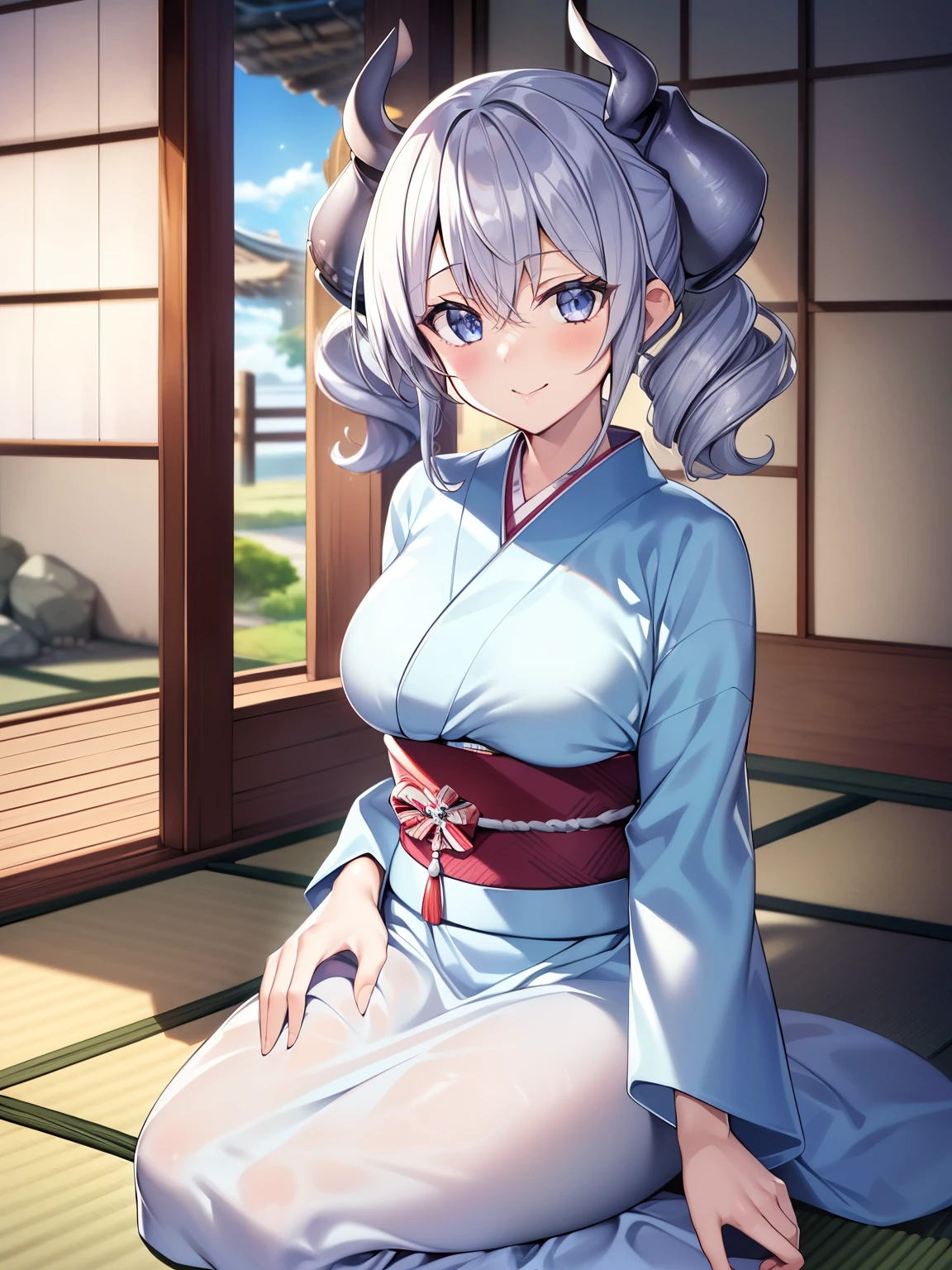 (masutepiece, Best Quality, hight resolution, nffsw, Perfect Pixel, depth of fields, 4K), 
1girl in,  Lori, Beautiful anime girl, 
Looking at Viewer, 
Perfect body,  

Silver hair, Silver Devil's Horn, 

Smile, 
Kimono,
Seiza, Sitting,
kowtow, 
Tatami mats, 1 moon,