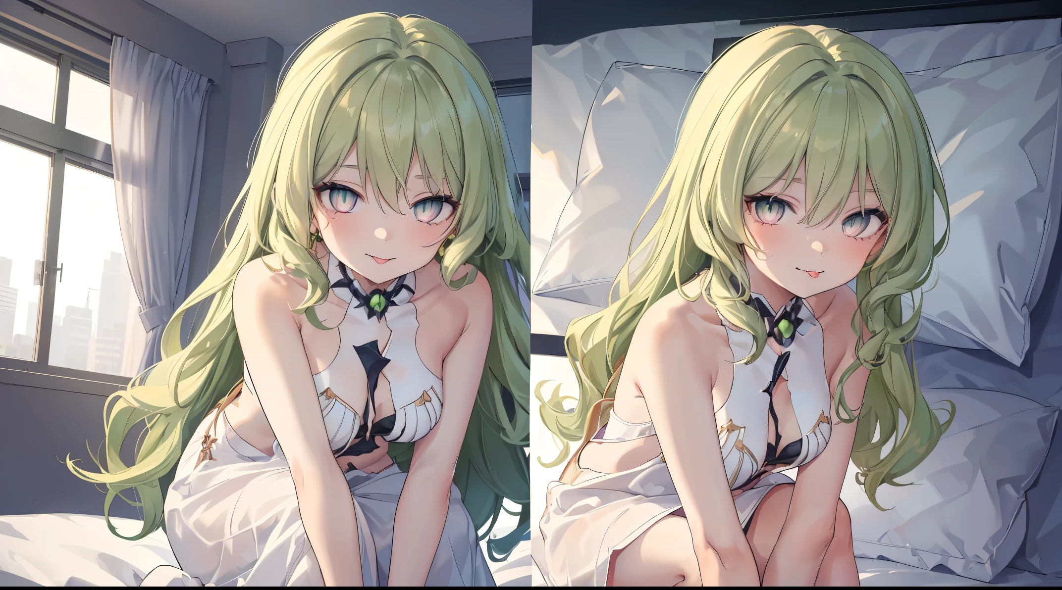1 girl,Best quality, tmasterpiece, Long green hair, beautiful,detailed eyes, HD, extremely detailed, Visually inspect the audience, (green eyes:1.3), (solo:1.1), Mouth sticking out tongue,The face is slightly red,is shy,full bodyesbian,adorable,Lori small breasts cleavage,white dresses,(sitting on his knees on the bed:1.4),