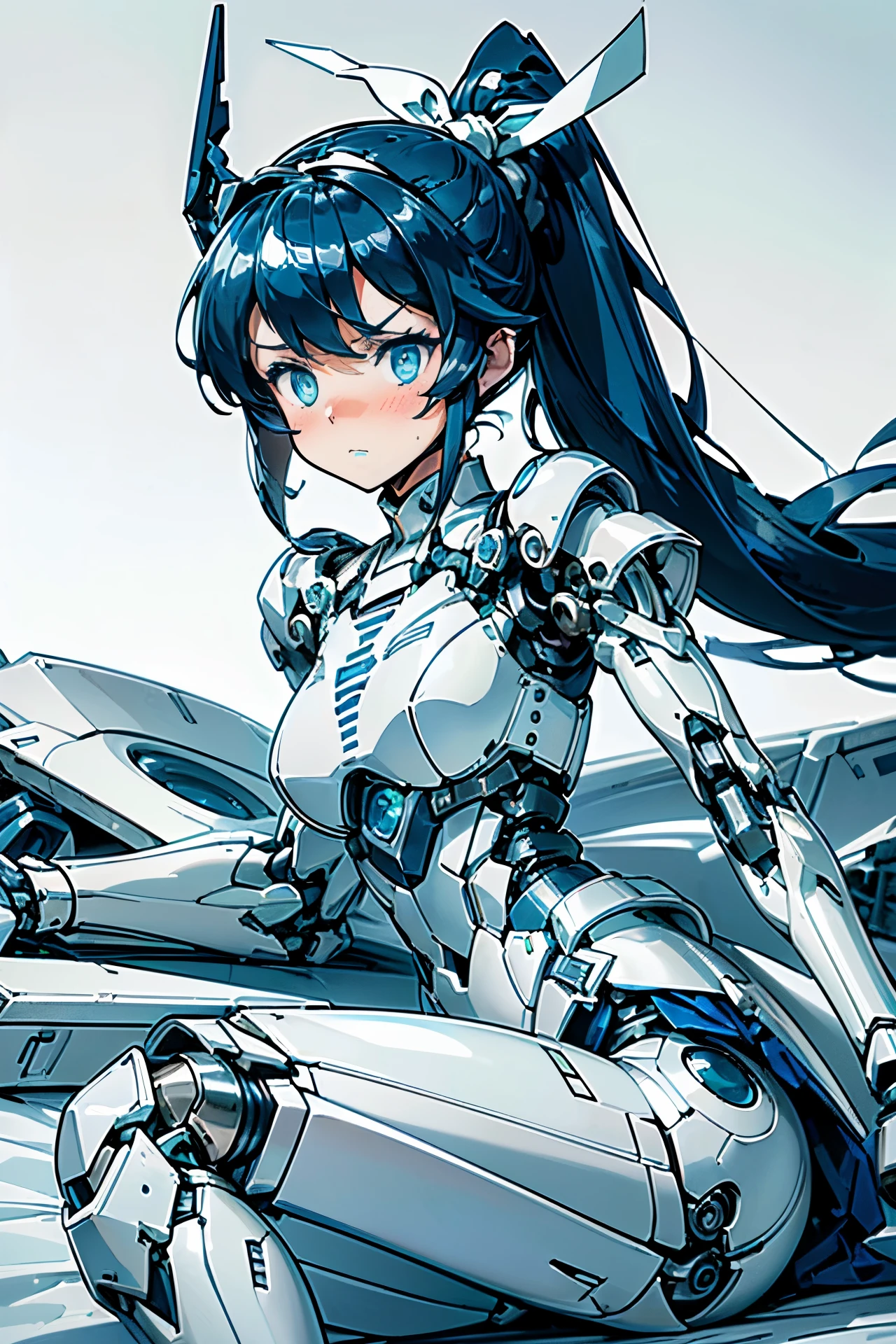 (((masterpiece))), (((Best Quality))), (((high quality))), (((beautiful))), (((8K))), (((highres))), (((absurdres))), (((exquisite))), (((Ultra high definition))), (((High resolution))), Girl Robot, (loli:1.4), (Gamine:1.5), (very detailed mechanics:1.4), Highly detailed eye depiction, (Streamlined body based on pure white1.4), White and navy blue pilot suit, White and navy blue tight-fitting clothing, White and navy blue shoulder cover clothes, White and navy blue shiny clothes, navy blue tight fit pants, White and navy blue thigh cover pants, (Super drooping eyes:1.4), (Machine body:1.4), (Mechanical joints:1.4), (Complex machinery visible through joints:1.4), (Dark blue hair ponytail:1.4), (A long pure white cloth ribbon waving in the wind tied into her hair.:1.4), mecha musume, Mechanical parts, Robot joints, Headgear, (on side:1.4), (on the beds:1.4), (Embarrassed look:1.4)