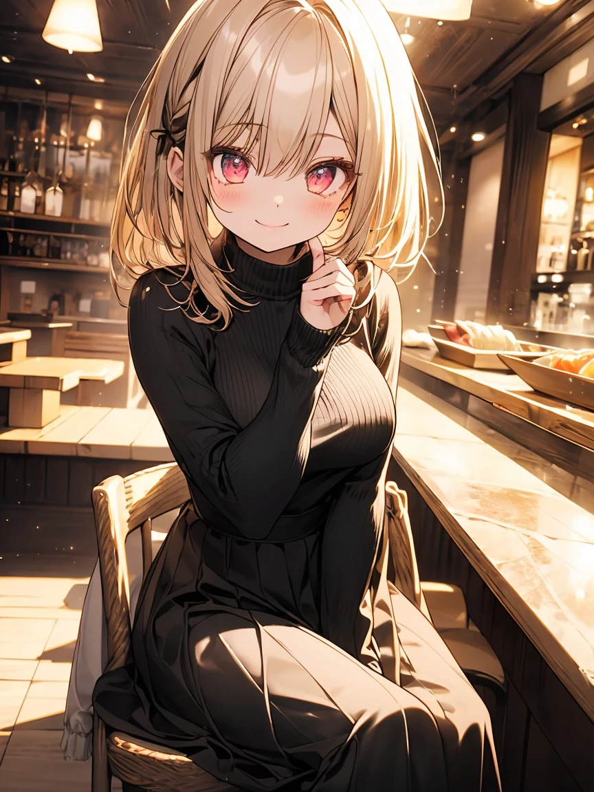 masterpiece, absurdres, best quality, ultra detailed, high Resolution, detailed illustration, extremely beautiful detailed face and eyes, bright colour, 1girl, (loli), cute face, Delicate beautiful face, magenta eyes, cute eyes, sparkling eyes, big eyes, medium breasts, (perky breasts:1.1), (pointy breasts:1.1), medium hips, glamorous body, white skin, smile, BREAK, long bob cut, (blonde hair:0.8), messy hair, detailed hair, shiny hair, BREAK sweater, long skirt, tiny ribbon, high class sushi restaurant, sushi, dinner, sitting counter seat, real world, natural lights, perfect lighting,