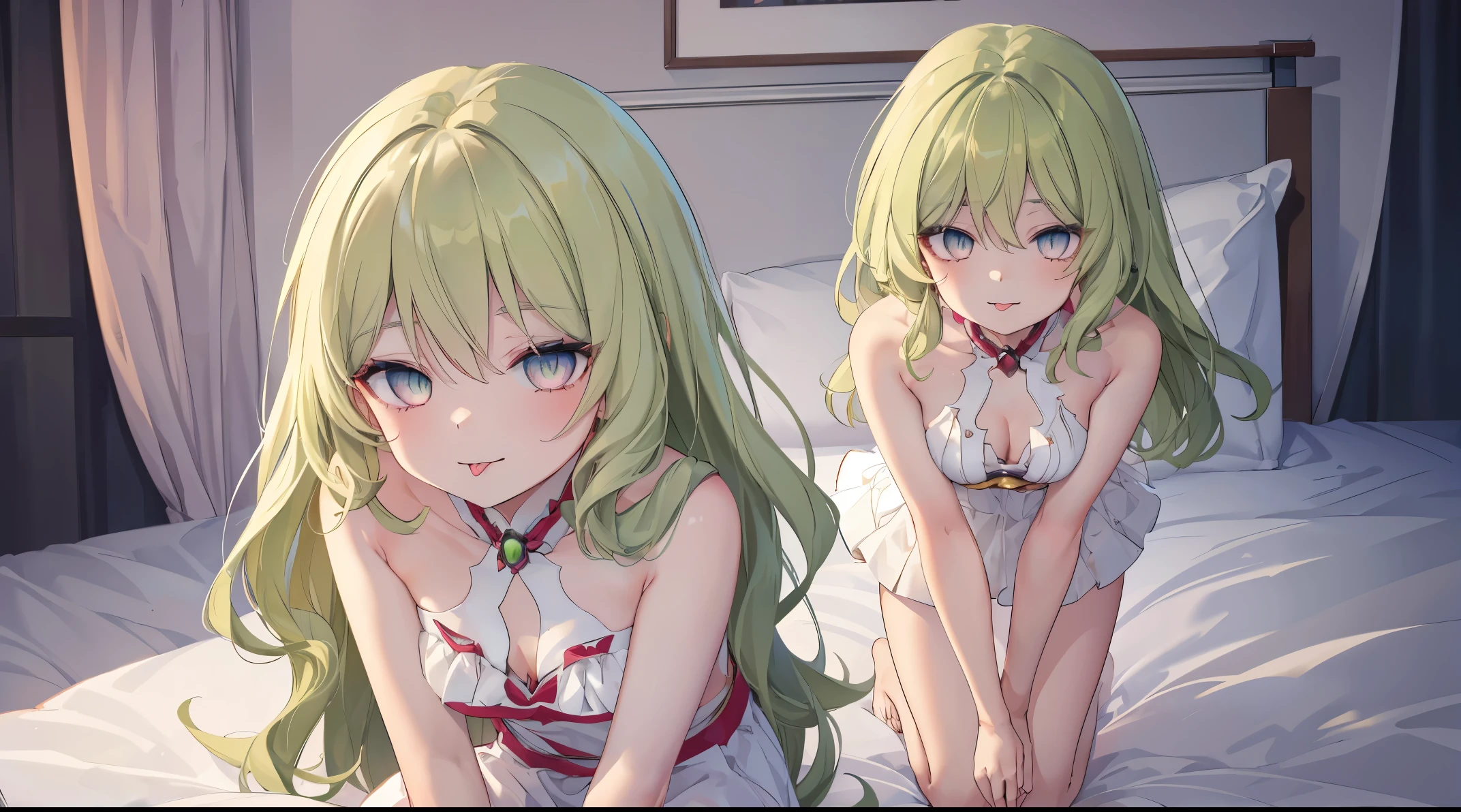 1 girl，Best quality, tmasterpiece, Long green hair, beautiful,detailed eyes, HD, extremely detailed, Visually inspect the audience, (green eyes:1.3), (solo:1.1), Mouth sticking out tongue，The face is slightly red，is shy，full bodyesbian，adorable，Lori small breasts cleavage，white dresses，(sitting on his knees on the bed:1.4),