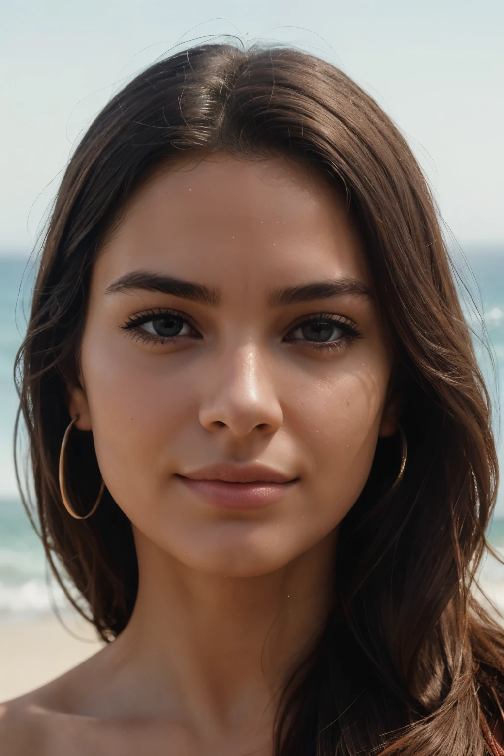 1 Woman, (Realstic:1), Content, sexy, portrait , 24 year old, ((face, happy)), stunning RAW , the beautiful face, long brown hair, ultra beautiful woman, miss univers, sharp focus, highly detailed, 8k UHD, natural lighting, octane render, maximum detail, hyper-detailed, hyper-realistic, ultra-detailed, highest detail quality, ultra-realistic, shot with Canon r5 35mm lens f/5. 6 --ar 69:128 --style raw --v 5. 2, (high detail skin: 1.2), 8k uhd, DSLR, soft light, high quality, film grain, 20mp, Fuji XT3 , 80mm, Hasselblad, perfect eyes, solo and her happiness radiates from the image, analog style (gaze towards viewer:1.2) (skin texture, no make-up, natural make-up) (film grain:1. 3, front view, very detailed, natural, high resolution, best quality, intricate detail, very detailed, sharp focus, detailed skin, realistic skin texture, texture, detailed eyes, professional, 4k,, shallow depth of field, kodak color vision, extremely detailed, photorealistic, realistic, post-processing, maximum detail, roughness, real life, ultra realistic, photorealism, photography,on a beach