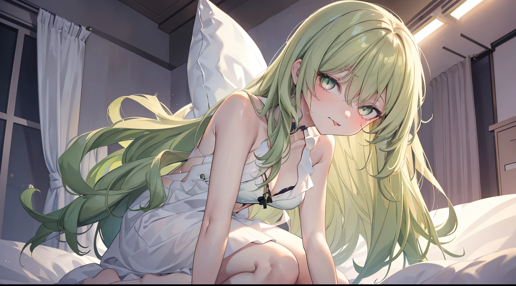 1 girl，Best quality, tmasterpiece, Long green hair, beautiful,detailed eyes, HD, extremely detailed, Visually inspect the audience, (green eyes:1.3), (solo:1.1), Mouth sticking out tongue，The face is slightly red，is shy，full bodyesbian，adorable，Lori small breasts cleavage，white dresses，(sitting on his knees on the bed:1.4),