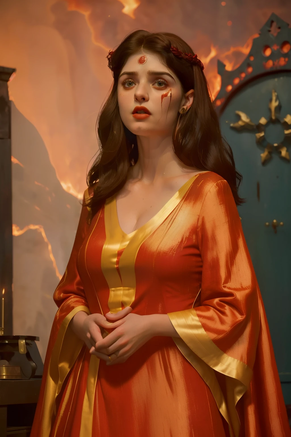 1142, Kingsbridge, England. otherworldly caos scene, ((((22-year-old)) Alexandra Daddario)), surrounded by big fires, ((terrified expression)), ((((burnt face and hair)))), ((((scarlet tunic gown from the 12th century)))), ((Wes Anderson cinematic style)), colorful