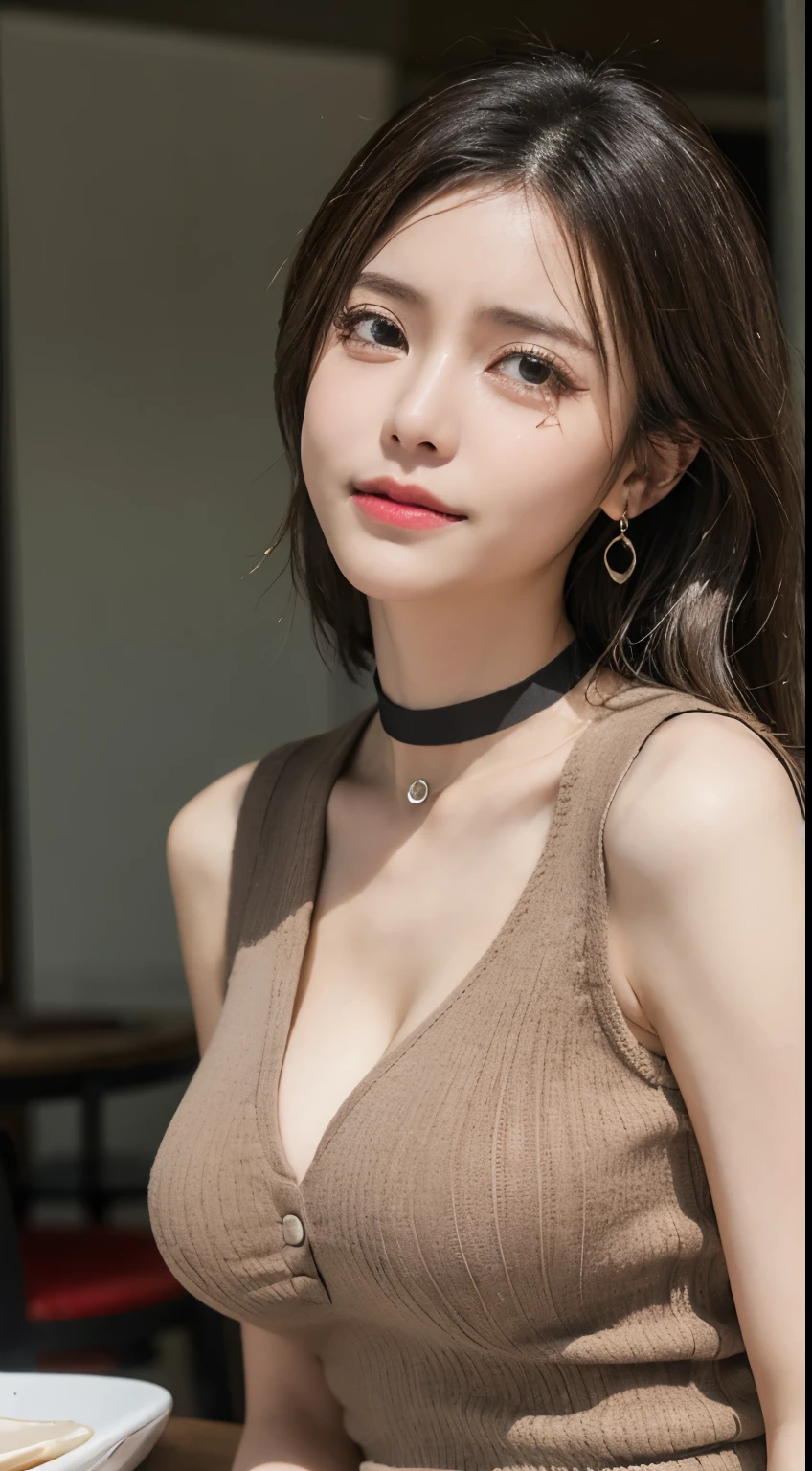 On the table, Best quality at best, 真实感, finely detailled, A high resolution, 8k wallpaper, Perfect dynamic composition, tack sharp focus, Surreal, big breasts beautiful细致的眼睛, Medium hair, Plump, Casual and sexy poses, Together, (Beige tight-fitting O-neck knitted vest, Big crack:1.4, The eastern protrusion of the high fork:1.2,(to emphasize, The shape of the vest can be clearly seen:1.3)), A smile, with her mouth open, resort scenery, 25 age old, (eyes shedding tears:1.4), big breasts beautiful, , choker necklace, big earrings, Shooting from front
