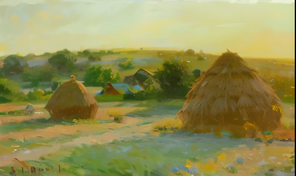 Minnesota prairie scene, haystacks placed throughout prairie, by Howard Lyon, Ladd and Thomas Kincaid, Thomas Kincaid, Kincaid, J., influenced by Ottis Adams, American Impressionist, Claude Monet style