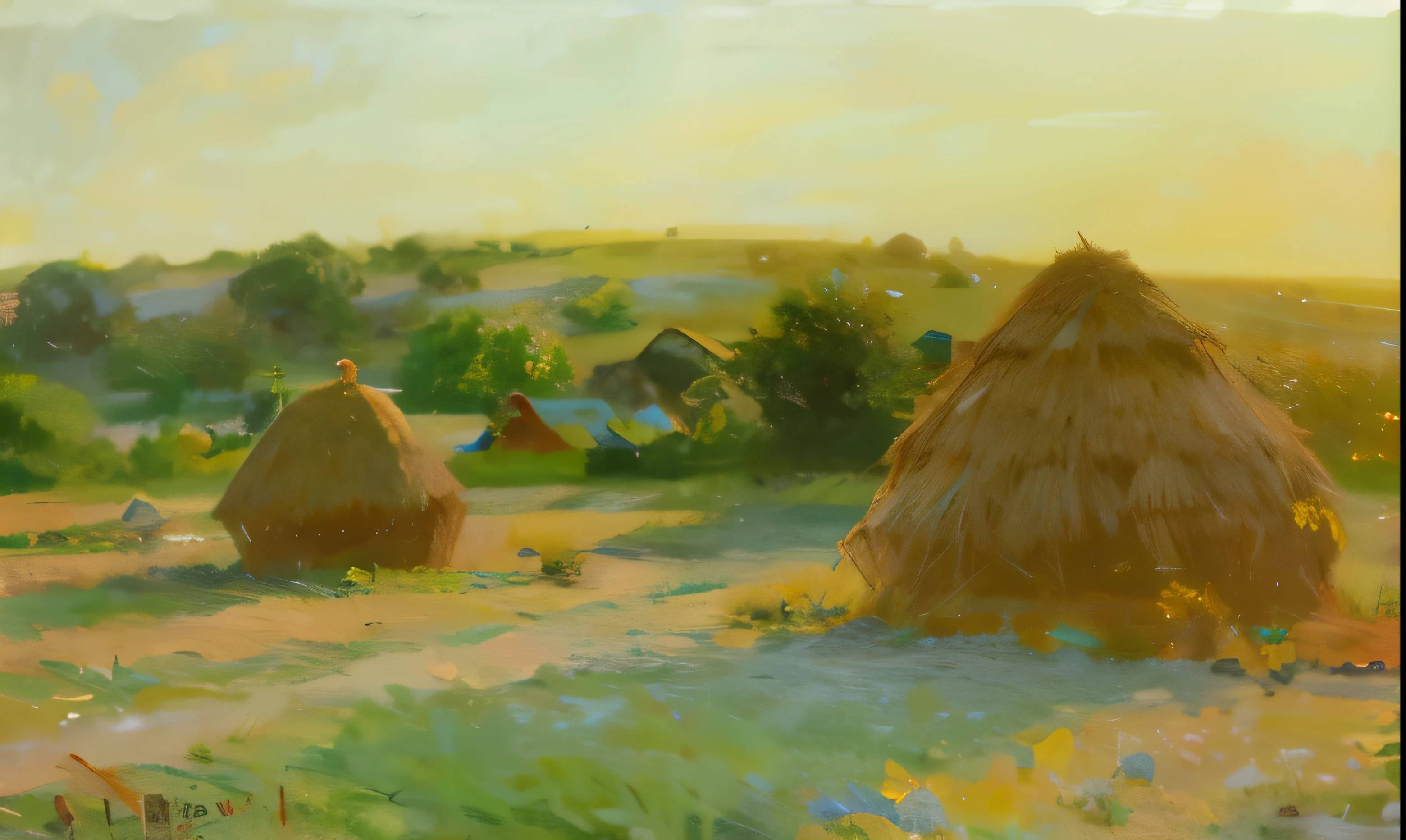 Minnesota prairie landscape, Stacks of hay placed across a meadow, Howard Lyon, Ladd and Thomas Kincaid, Thomas Kincaid, Kincaid, j., Influence of Ottis Adams, american impressionism, Claude Monet style