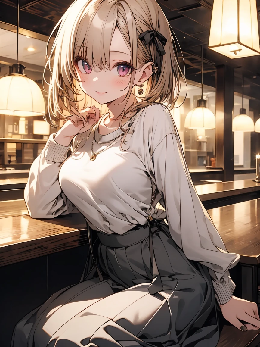 masterpiece, absurdres, best quality, ultra detailed, high Resolution, detailed illustration, extremely beautiful detailed face and eyes, bright colour, 1girl, (), cute face, Delicate beautiful face, magenta eyes, cute eyes, sparkling eyes, big eyes, medium breasts, (perky breasts:1.1), (pointy breasts:1.1), medium hips, glamorous body, white skin, smile, BREAK, long bob cut, (blonde hair:0.8), messy hair, detailed hair, shiny hair, BREAK sweater, long skirt, tiny ribbon, high class sushi restaurant, sushi, dinner, sitting counter seat, real world, natural lights, perfect lighting,