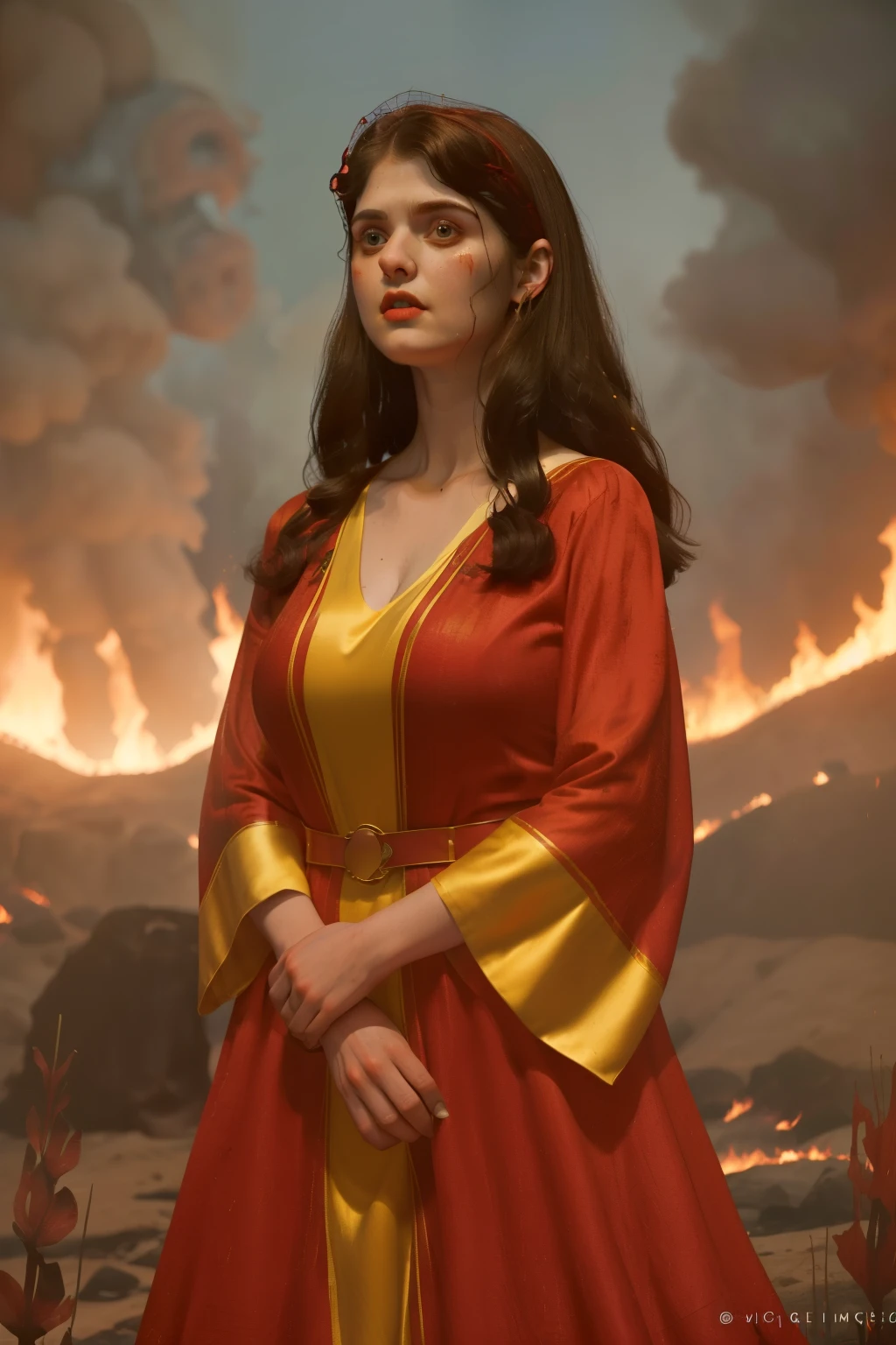 1142, Kingsbridge, England. otherworldly caos scene, ((((22-year-old)) Alexandra Daddario)), surrounded by big fires, ((terrified expression)), ((((burnt face and hair)))), ((((scarlet tunic gown from the 12th century)))), ((Wes Anderson cinematic style)), colorful