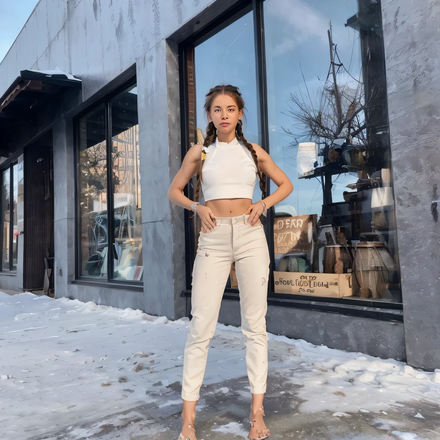 Generate a compelling image of a resilient 18-year-old girl thriving in the ice age, explicitly avoiding any depiction of modern clothing. Emphasize her robust physique. Craft a rugged face with pronounced cheekbones, a weathered complexion, and intense, striking eyes. Depict wild, untamed hair, incorporating natural elements like braids with twigs or bones.