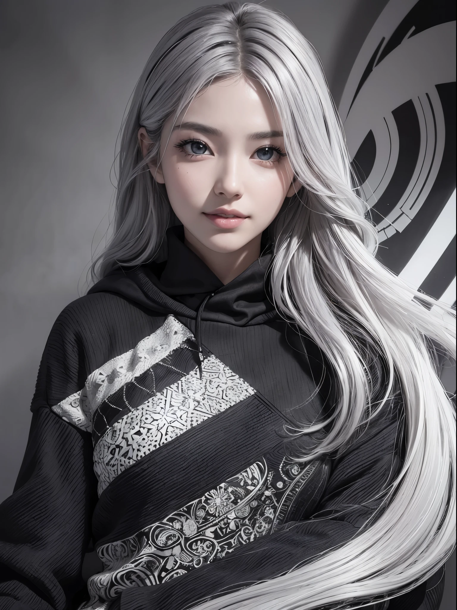 (Realistic:1.8), (Digital art:0.2), (Geometric art:1.7),(agpi official art, beautiful and aesthetic, ultra detailed, beautiful, masterpiece, best quality:1.6), (1girl:1.2), (Detailed face, Detailed eyes:1.2), Detailed hair, young fingers, Detailed fingers, five fingers, BREAK cute ig model, Japanese cute model, 22 years old, Tightened all body, small head, small face, small mouth, diamond Face, small nose, Sharp Faceline, (dropy eyes, Double eyelid, Light color eyes, Glossy eyes, Shiny eyes:1.2), Shiny skin, shiny hair, (gray hair:1.2),
_
BREAK (happy, smile, Teeth, Glossy Lip:1.2),beautiful Teeth, (upper body:1.5), sitting, from front,
_
BREAK (BLACK and White theme:1.4), (view:1.2), (close-up emphasizing sweatshirt details:1.2), BREAK (black theme:1.2), (oversized black hoodie with geometric cutouts and patterns:1.2), (white skinny leggings with subtle geometric patterns:1.2),