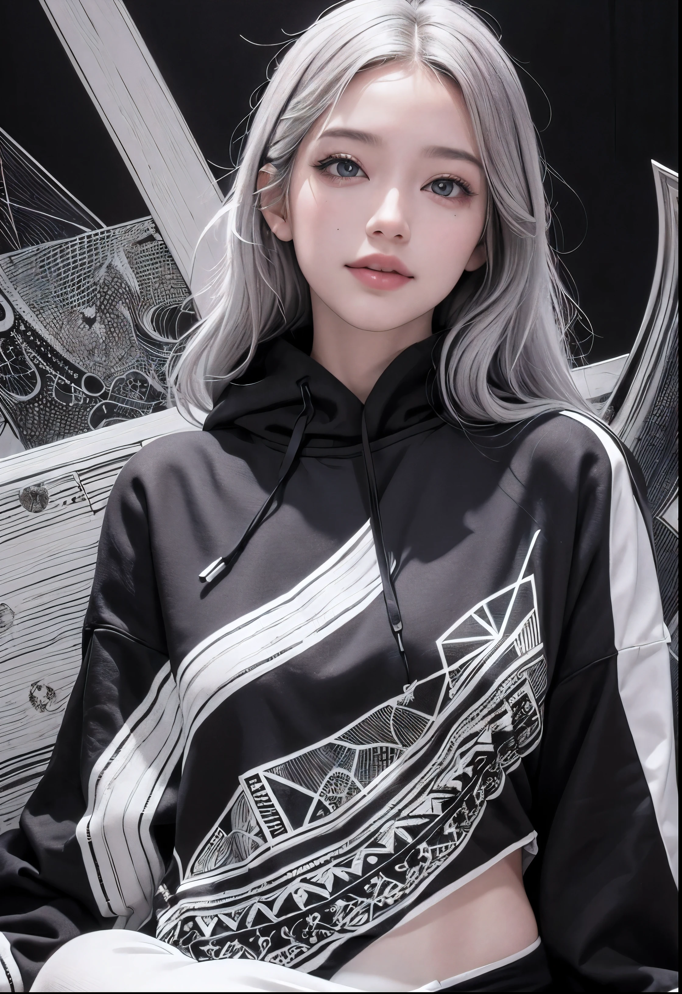 (Realistic:1.8), (Digital art:0.2), (Geometric art:1.7),(agpi official art, beautiful and aesthetic, ultra detailed, beautiful, masterpiece, best quality:1.6), (1girl:1.2), (Detailed face, Detailed eyes:1.3), Detailed hair, young fingers, Detailed fingers, five fingers, BREAK cute ig model, Japanese cute model, 22 years old, Tightened all body, small head, small face, small mouth, diamond Face, small nose, Sharp Faceline, (dropy eyes, Double eyelid, Light color eyes, Glossy eyes, Shiny eyes:1.2), Shiny skin, shiny hair, (gray hair:1.2),
_
BREAK (happy, smile, Teeth, Glossy Lip:1.2),beautiful Teeth, (upper body:1.5), sitting, from front,
_
BREAK (BLACK and White theme:1.4), (view:1.2), (close-up emphasizing sweatshirt details:1.2), BREAK (black theme:1.2), (oversized black hoodie with geometric cutouts and patterns:1.2), (white skinny leggings with subtle geometric patterns:1.2),