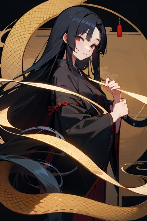 japanes、fortune teller、femele、Long black hair、Japanese style anime touch、Snake background