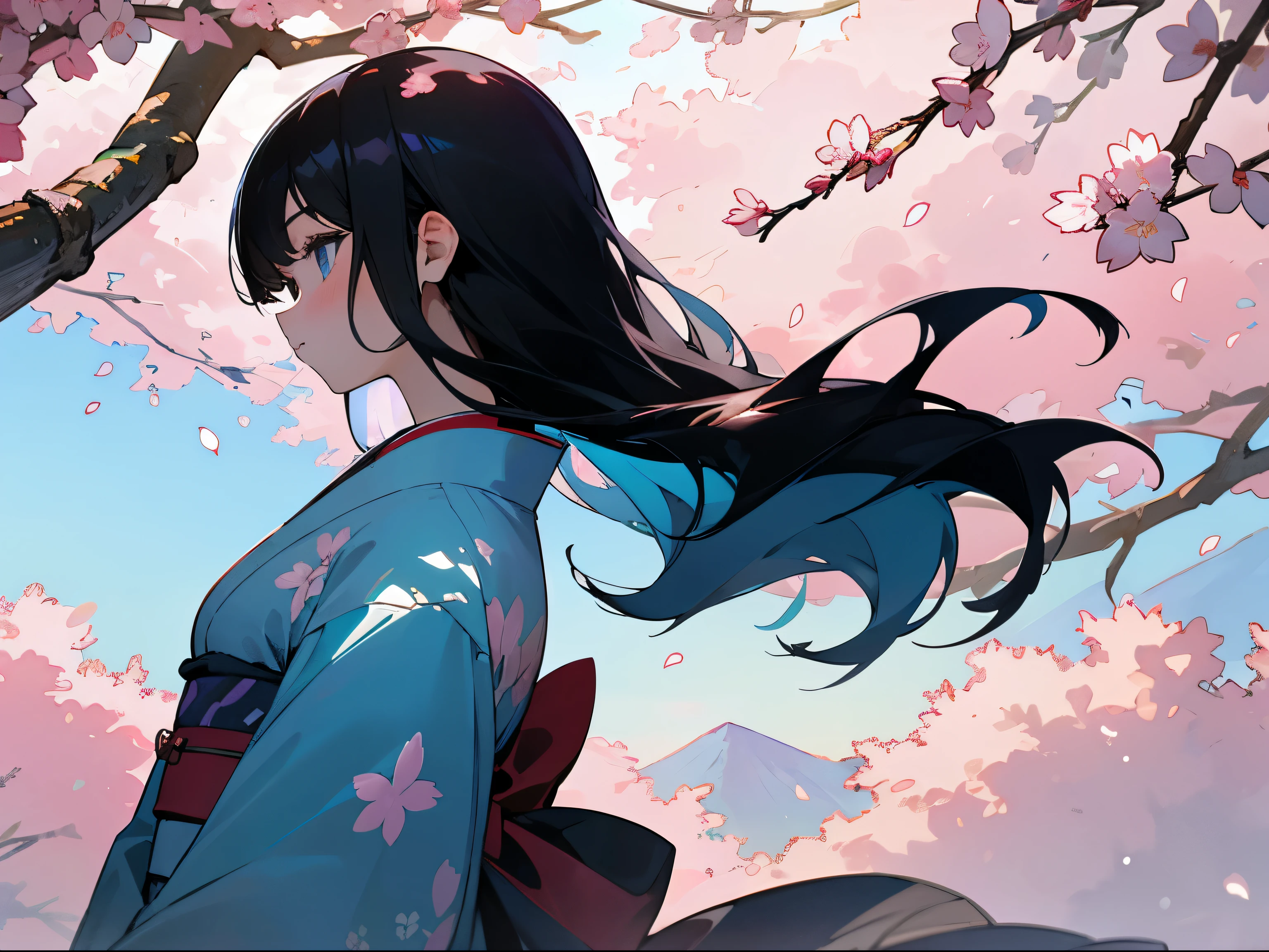 Fantastic mountain, Sunrise and cherry blossom background、Back lighting、I wore a kimono with lots of floral patterns.、A girl with black hair, light blue eyes, and blue inner color..。Profile with sunlight filtering through the foliage looking diagonally upward to the left。a closeup。art noveau、