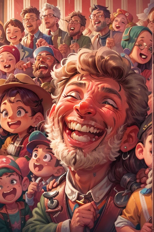 dynamic scene. The crazy old ufoman laughs, smiles and walks straight at you with outstretched arms. Tousled long gray hair sticking out in all directions. Dirty and old clothes. Warm pastel washed out colors. Close-up Disney Pixar Cartoon style Photorealistic Cinematic. Dark Blurred background Fantasy Light haze --auto --s2