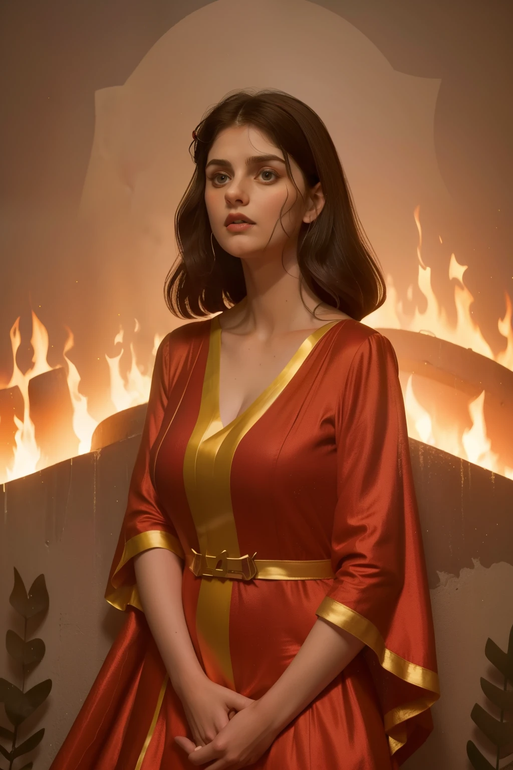 1142, Kingsbridge, England. otherworldly caos scene, ((((22-year-old)) Alexandra Daddario)), surrounded by big fires, ((terrified expression)), ((((burnt face and hair)))), ((((scarlet tunic gown from the 12th century)))), ((Wes Anderson cinematic style)), colorful