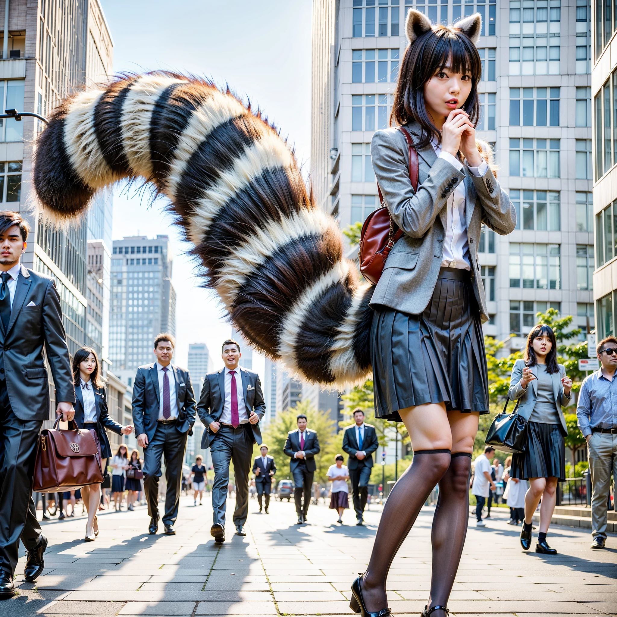 A woman wearing a pleated skirt suit with a raccoon tail, anthropomorphic raccoon, けもの, realistic, a picture, top-quality, Surprised face