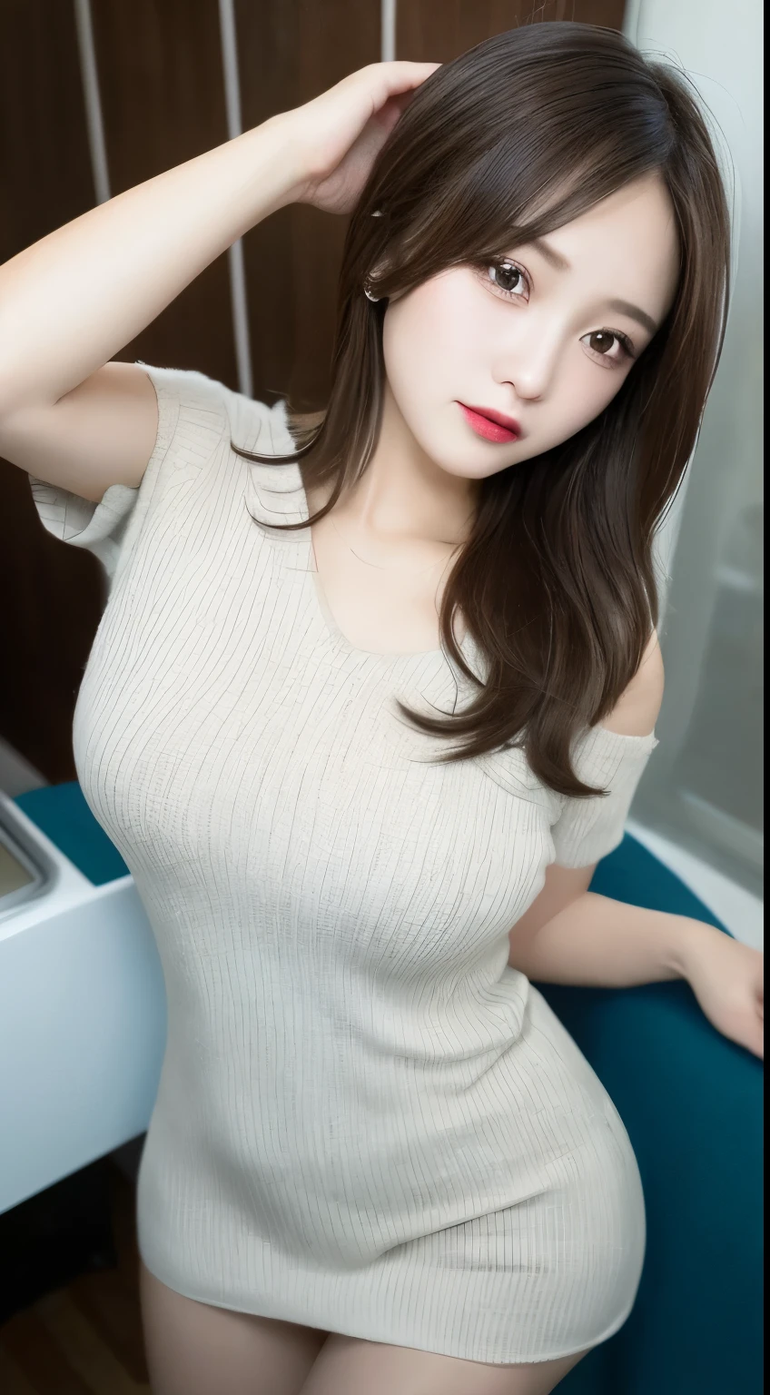 On the table, Best quality at best, illustratio, ultra - detailed, finely detailled, A high resolution, 8k wallpaper, Perfect dynamic composition, 美丽细致的眼睛,  natural lips, sexy knitted dress , , Chopping, casual sexy pose, full bodyesbian