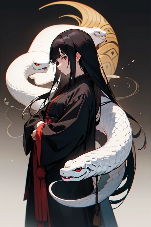 japanes、fortune teller、femele、Long black hair、Japanese style anime touch、White snake background、Friendly atmosphere
