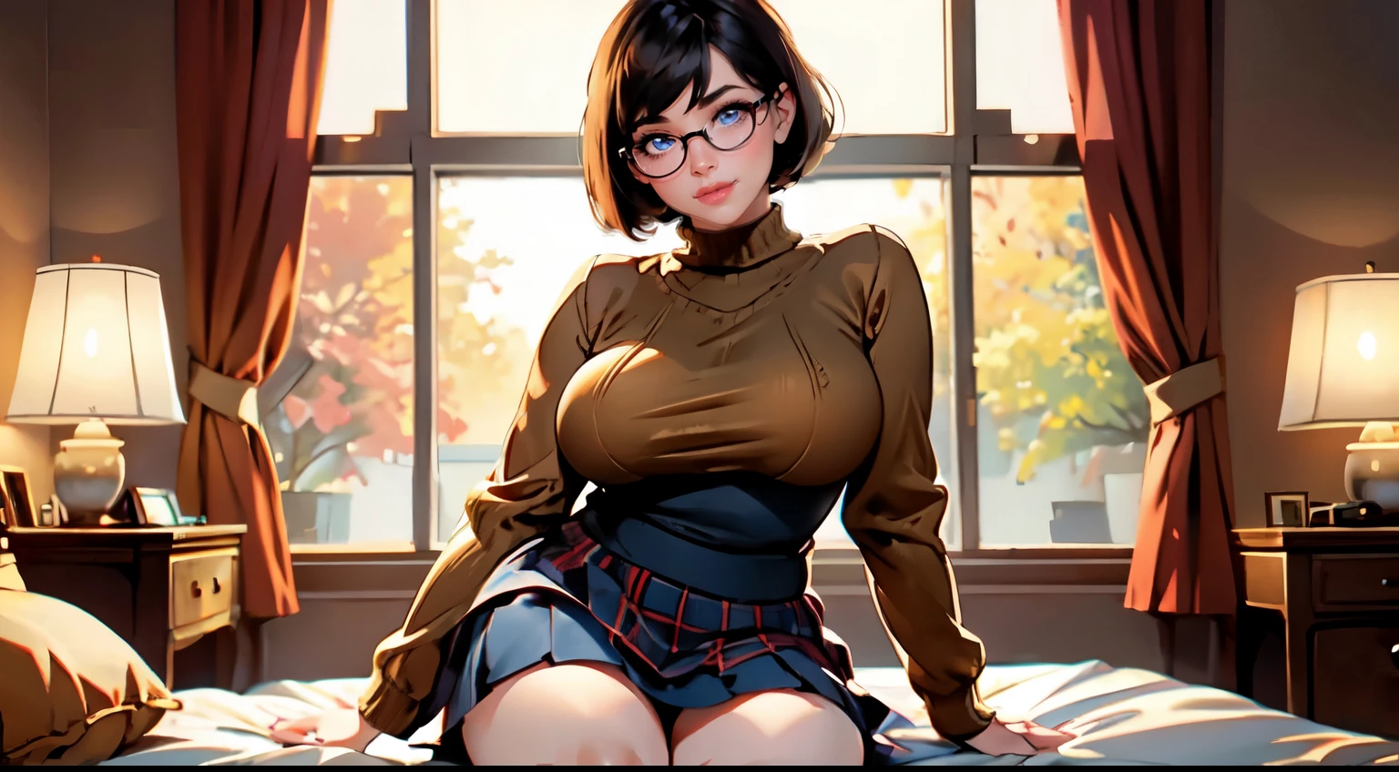 HD, 8k quality, masterpiece, Velma, dream girl huge tits, beautiful face, kissing lips, short bob hairstyle, long bangs, perfect makeup, realistic face, detailed eyes, blue eyes, brunette hair, eyelashes, smile grin, bedroom, sitting on bed, showing cameltoe, eyes at viewer, orange knitted turtle neck sweater, clear lens glasses, red school girl skirt,