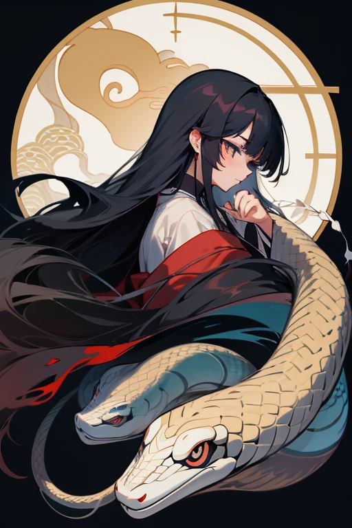 japanes、fortune teller、femele、Long black hair、Japanese style anime touch、White snake background、Friendly atmosphere