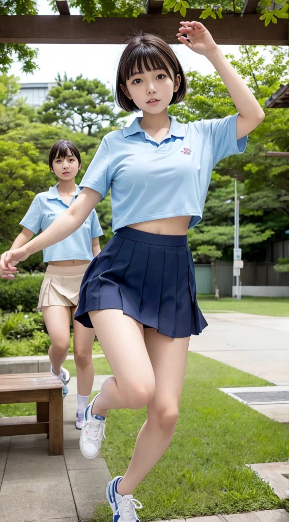 Japan girls, Japan, 18 year old girls, short hair, black hair, brown eyes, small breasts, perfect figure, perfect skin, school uniform, light blue shirt, navy blue skirt, underwear, panchira, sneakers, feeling jumping and bouncing happily, jumping, schoolyard,