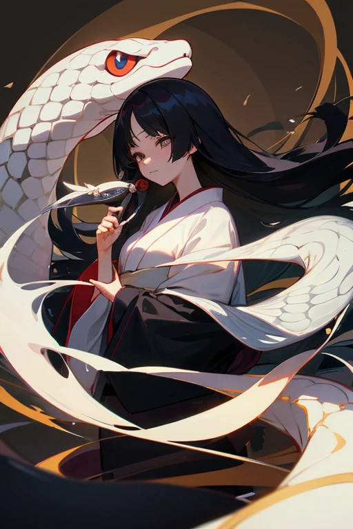 japanes、fortune teller、femele、Long black hair、Japanese style anime touch、White snake background、Friendly atmosphere