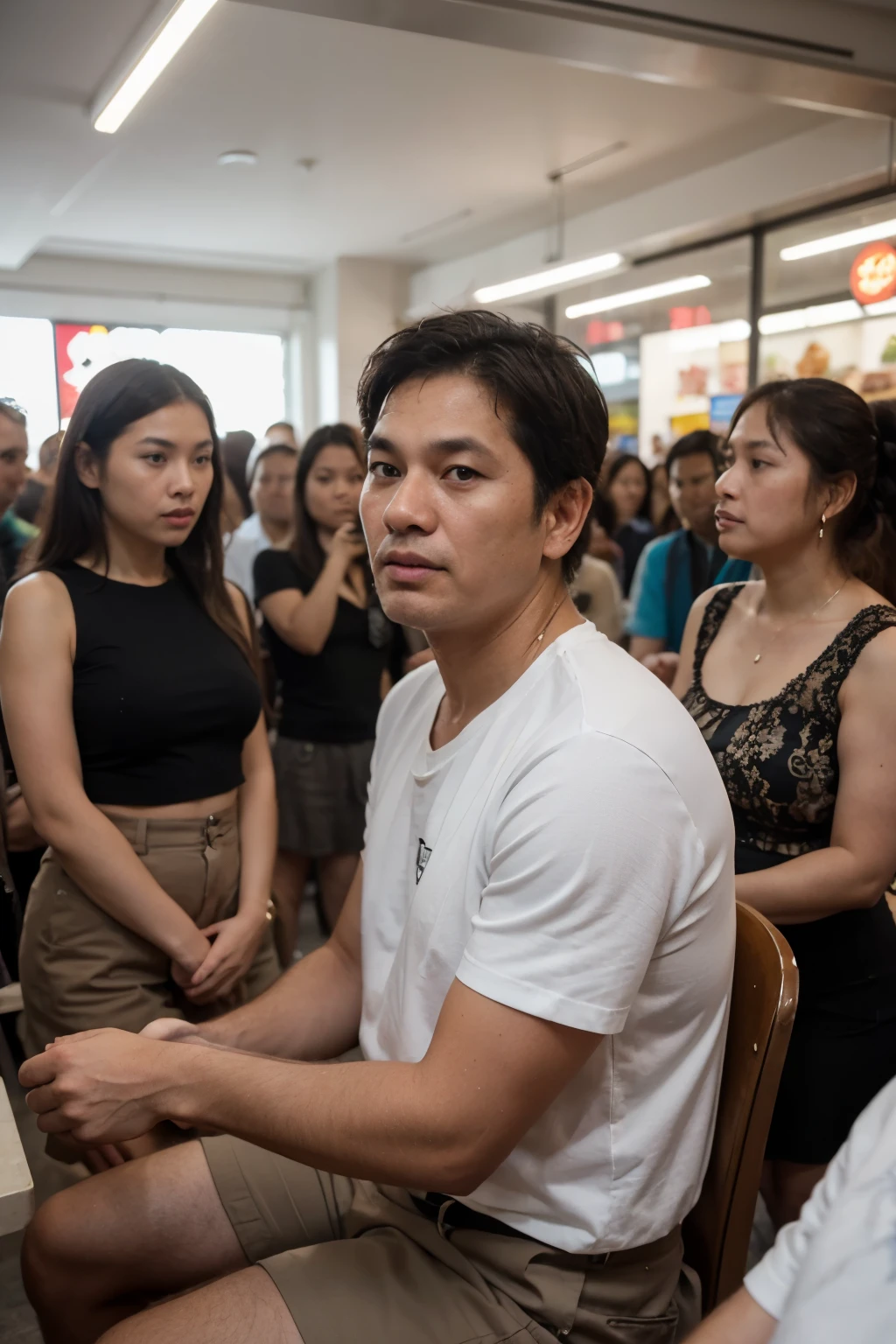 A middle-aged man was sitting in the middle of a crowd of people talking and boasting about himself. in one store, countryside thailand, Realistic visuals