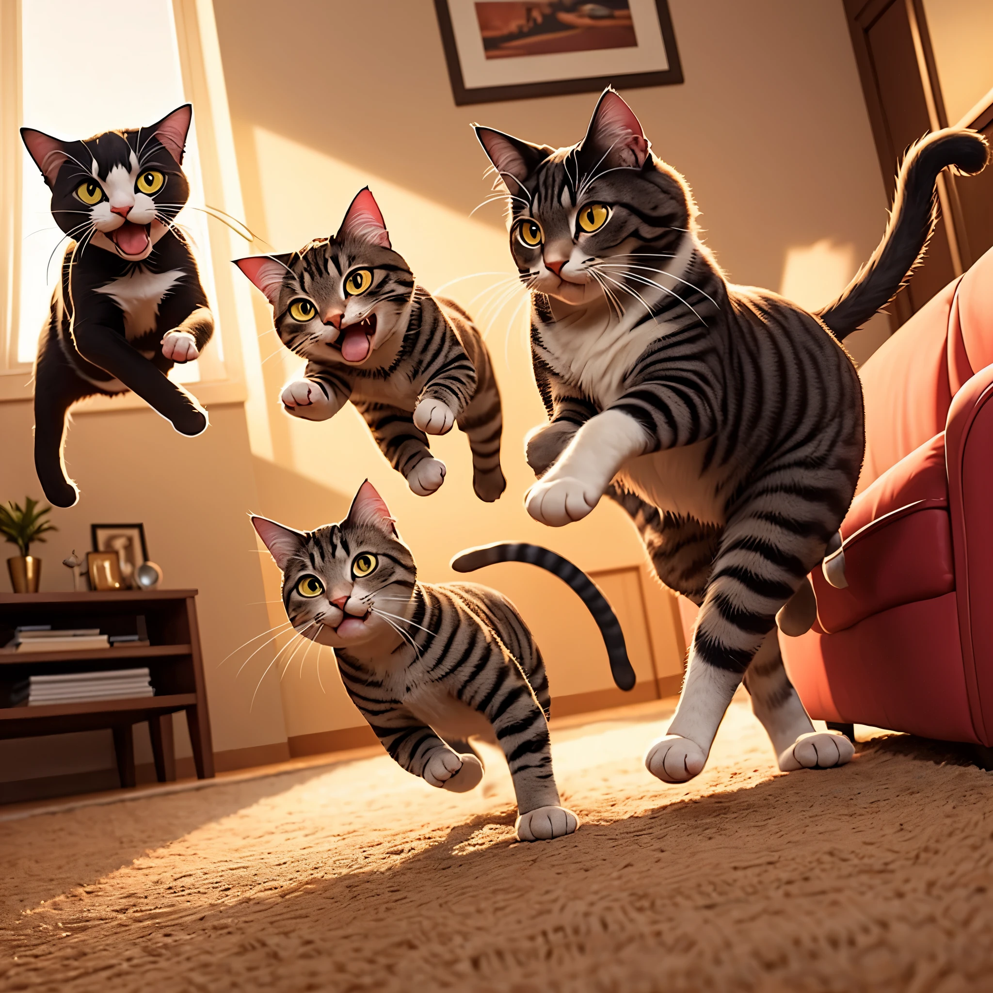 A cat chasing a red dot in a living room, children laughing, comical scene, vibrant colors, detailed cat movements, cozy atmosphere, soft lighting, family fun and joy