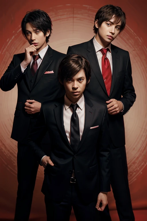 Trio of suit and tie,dynamic pose,nervous expression, with red background,death note style