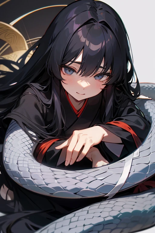 japanes、fortune teller、femele、Long black hair、Japanese style anime touch、White snake background、Friendly atmosphere