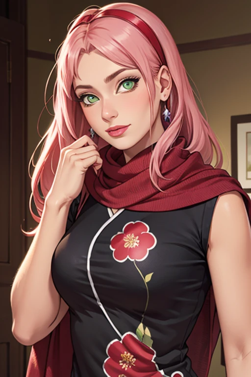 Super-realistic full-length Fashion photoshoot of a pink haired mature female, sakura\(boruto\) as a Pakistani fashion model woman, perfect face, perfect nose, perfect green eyes, perfect lips, with (Pink wavy semi-long hair, bangs), wearing (black floral) cotton Pakistani summer modest lawn dress (shirt shalwar), wearing the scarf over chest and head, chest and head fully covered with scarf, happy expressions, low key image, sharp texture, 4k, 8k, shot with Canon EOS 5D Mark III, 50mm, f/8, realistic face and body, upper body closeup, big breasts, standing