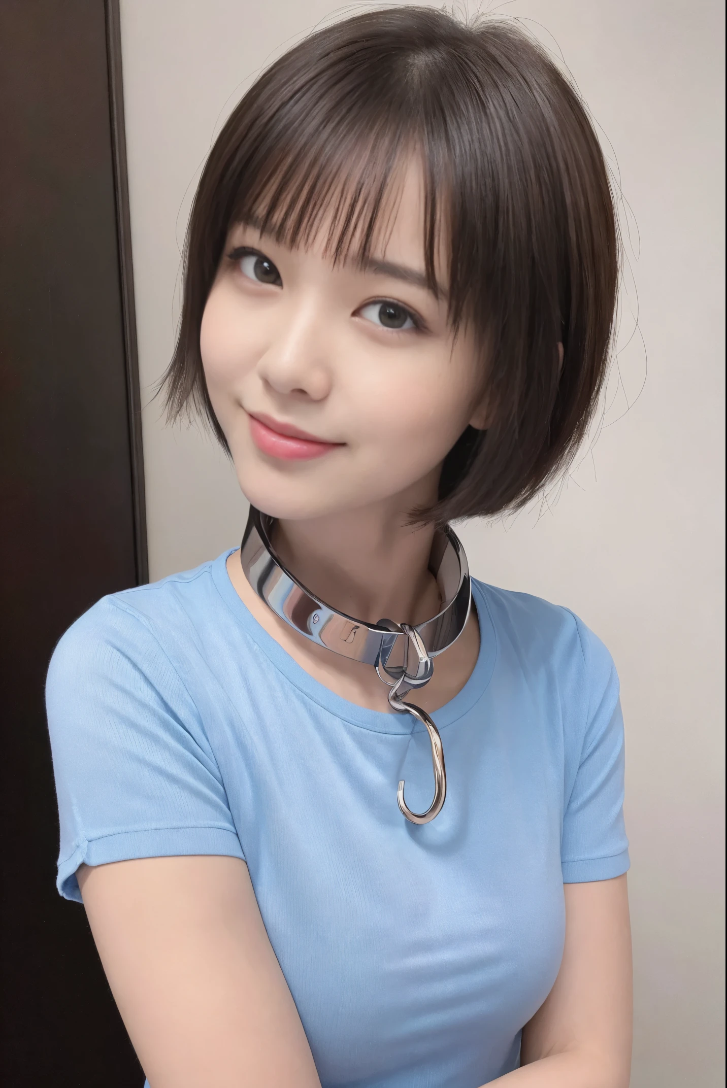 (8K, An ultra-high picture quality,top-quality),(​masterpiece:1.5),face,looking at viewer,(simple background),girl with,(short sleeved shirt),((Iron collar)),((short hair)),a smile,arms behind head