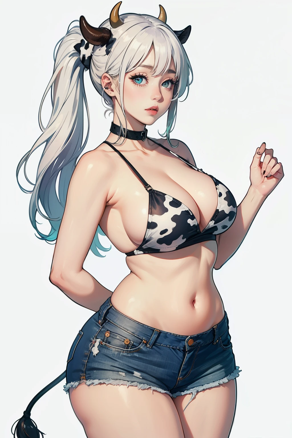 ((High quality)), ((HD)), ((very attractive, curvy and sensual woman)), Cow semi-human, ((very pale and milky skin)), chubby,long white hair styled in a messy bun, light aqua eyes with long eyelashes, ((cow ears)), ((small cow horns)), ((long cow tail)), wide hips, thick thighs, ((very big and heavy breasts)), big butt, cow print drawstring front crop-top, very revealing neckline, very tight denim shorts, heeled cowboy boots.