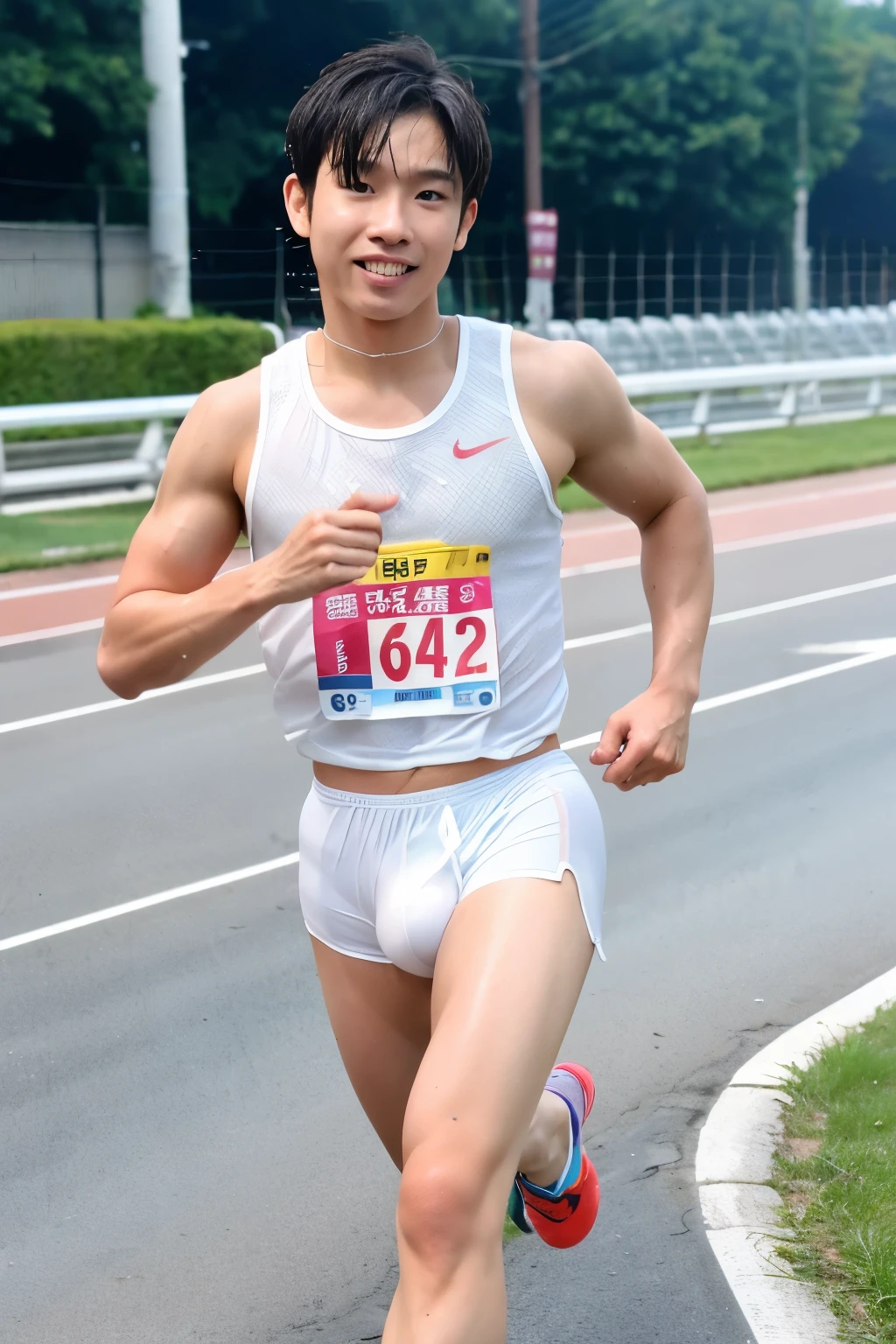 macho、twinks、track and field、runner、Erect、in her 20s、A white singlet that is wet and transparent from the rain、cum shots、Sperm、Multiple men、a picture