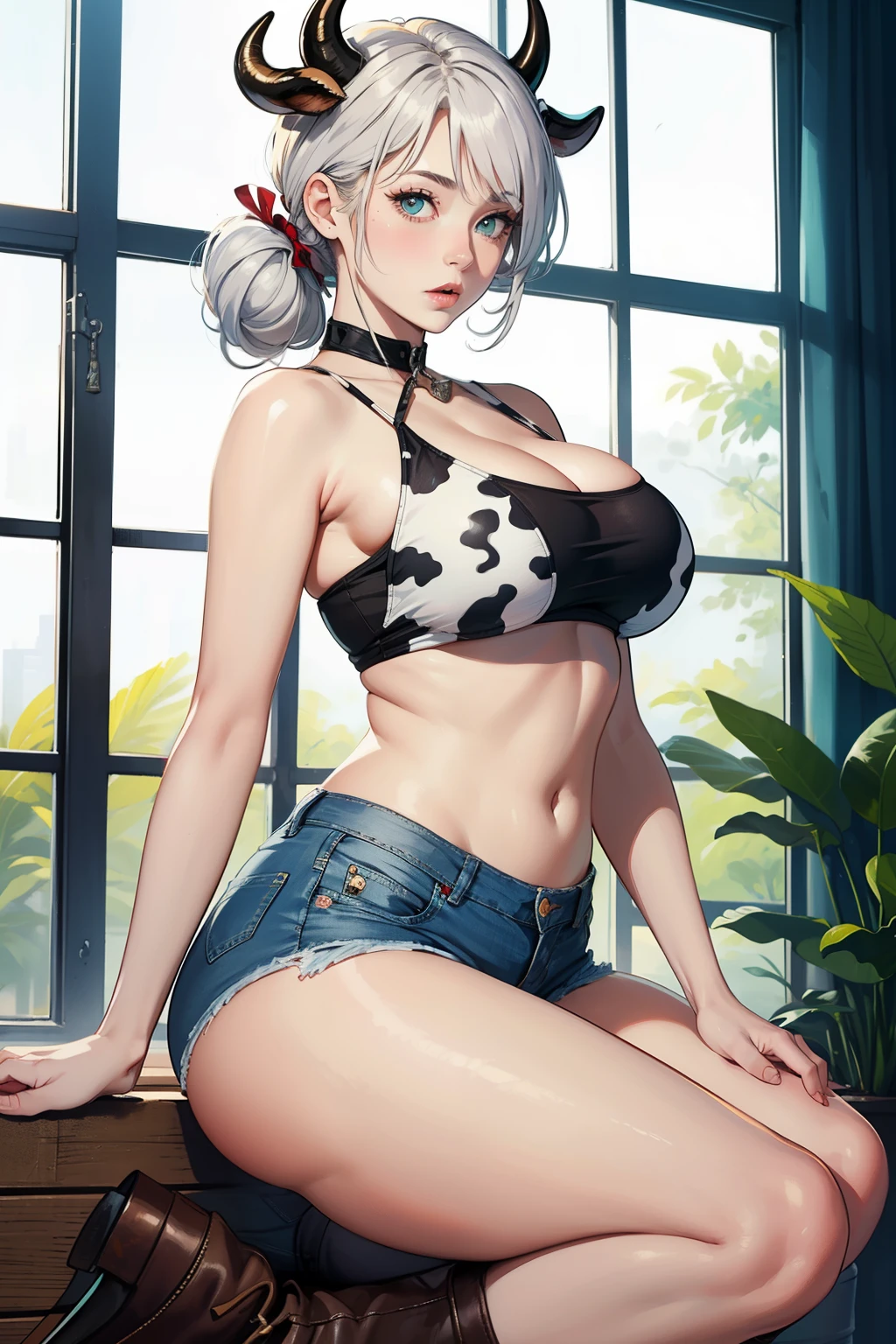 ((High quality)), ((HD)), ((very attractive, curvy and sensual woman)), Cow semi-human, ((very pale and milky skin)), chubby,long white hair styled in a messy bun, light aqua eyes with long eyelashes, ((cow ears)), ((small cow horns)), ((long cow tail)), wide hips, thick thighs, ((very big and heavy breasts)), big butt, cow print drawstring front crop-top, very revealing neckline, very tight denim shorts, heeled cowboy boots.