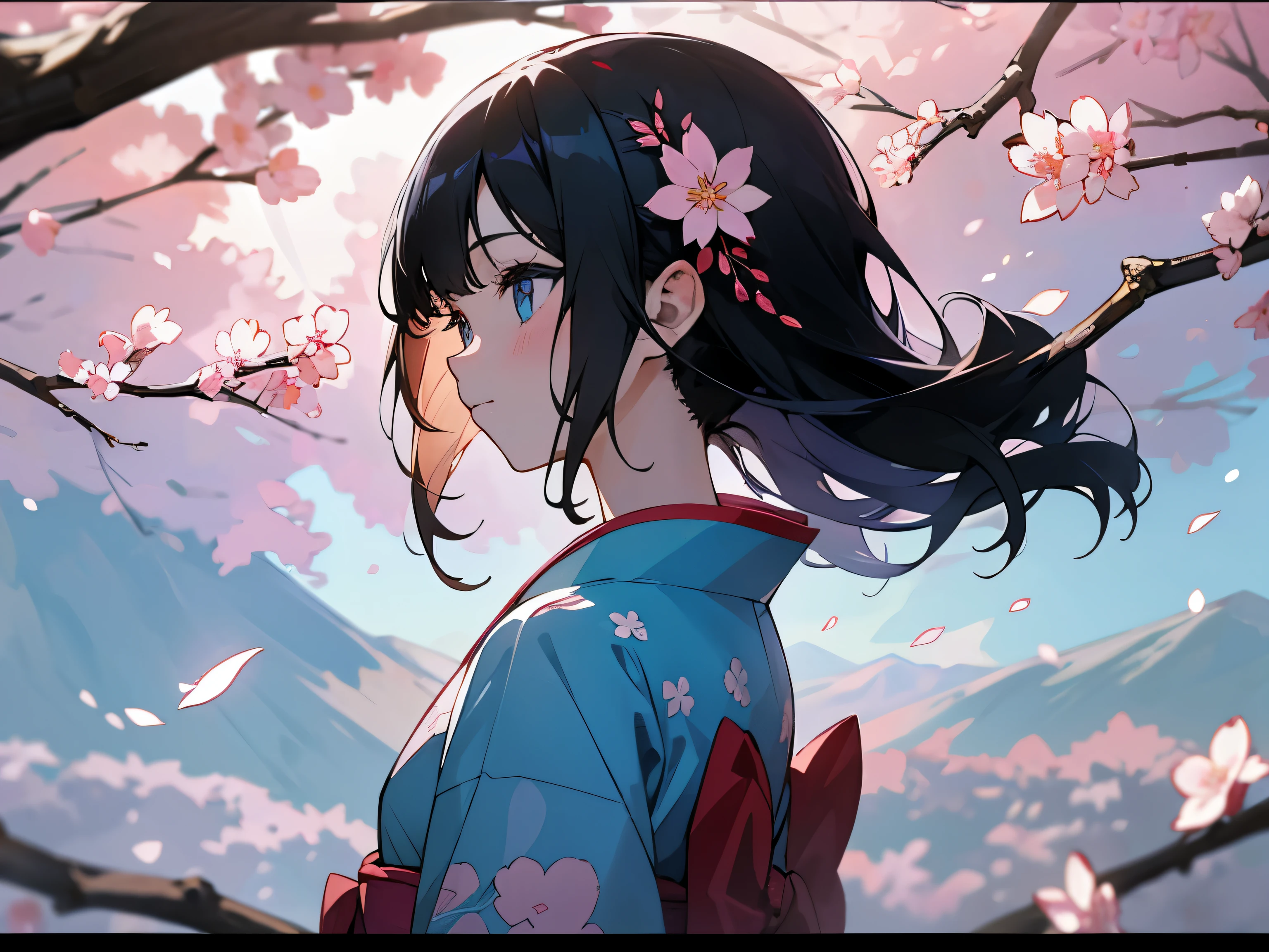 Fantastic mountain, Sunrise and cherry blossom background、Back lighting、A girl with black hair and pale blue eyes, The inside color is blue, I am wearing a kimono haregi with a floral pattern..。Profile with sunlight filtering through the foliage looking diagonally upward to the left。a closeup。art noveau、