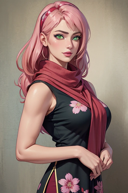 Super-realistic full-length Fashion photoshoot of a pink haired mature female, sakura\(boruto\) as a Pakistani fashion model woman, perfect face, perfect nose, perfect green eyes, perfect lips, with (Pink wavy semi-long hair, bangs), wearing (black floral) cotton Pakistani summer modest lawn dress (shirt shalwar), wearing the scarf over chest and head, chest and head fully covered with scarf, happy expressions, low key image, sharp texture, 4k, 8k, shot with Canon EOS 5D Mark III, 50mm, f/8, realistic face and body, upper body closeup, big breasts, standing